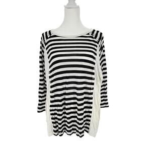 Michael Kors Striped Tunic Top Women’s Medium Black White Button Side 3/4 Sleeve